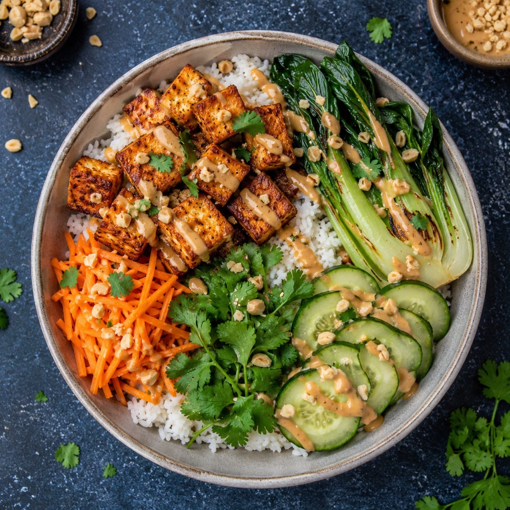 Crispy Peanut Tofu Rice Bowls