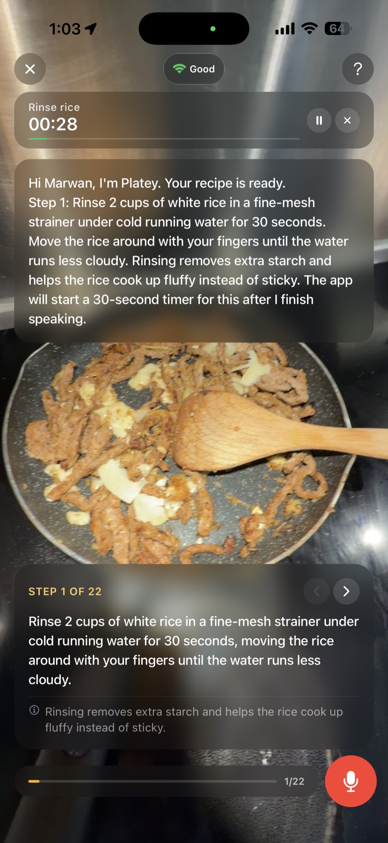 A voice-set timer running at the top of a live PlateBuddy session