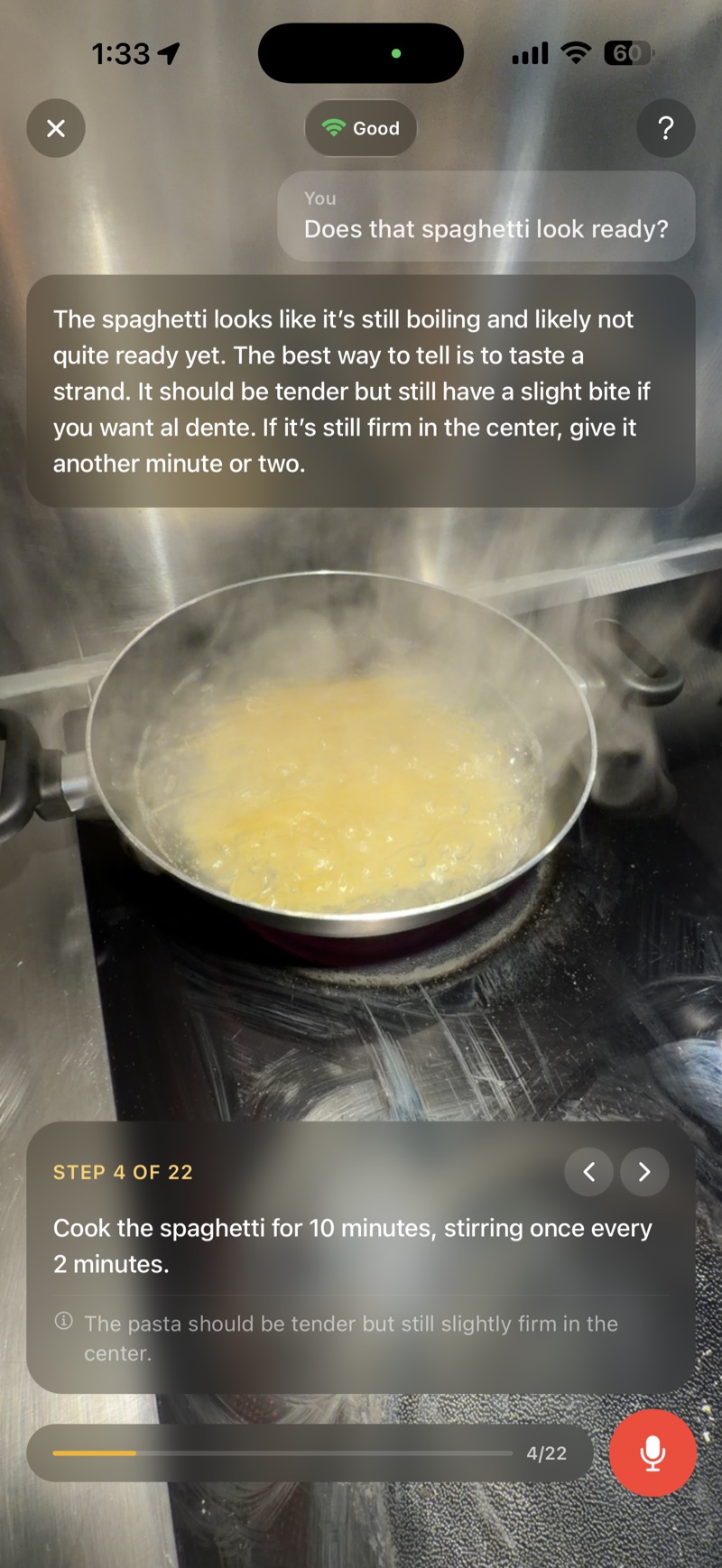 Asking PlateBuddy if the spaghetti looks ready and getting a real answer about the pot on camera